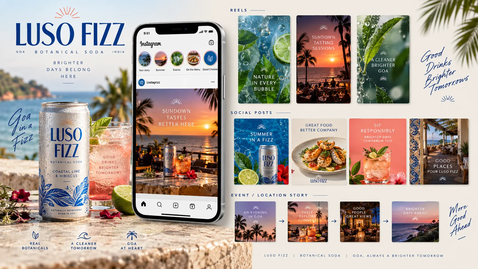 Original Goa beverage social media campaign concept with feed posts, reels and event stories
