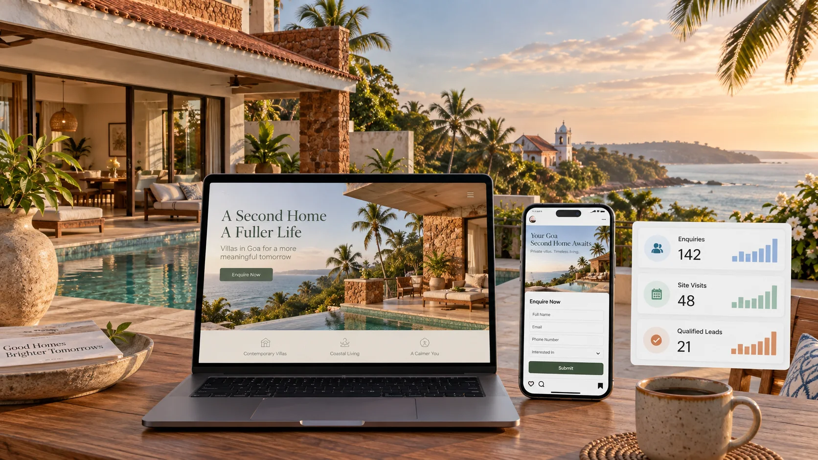 Illustrative real estate digital marketing landing page and qualified lead dashboard for Goa