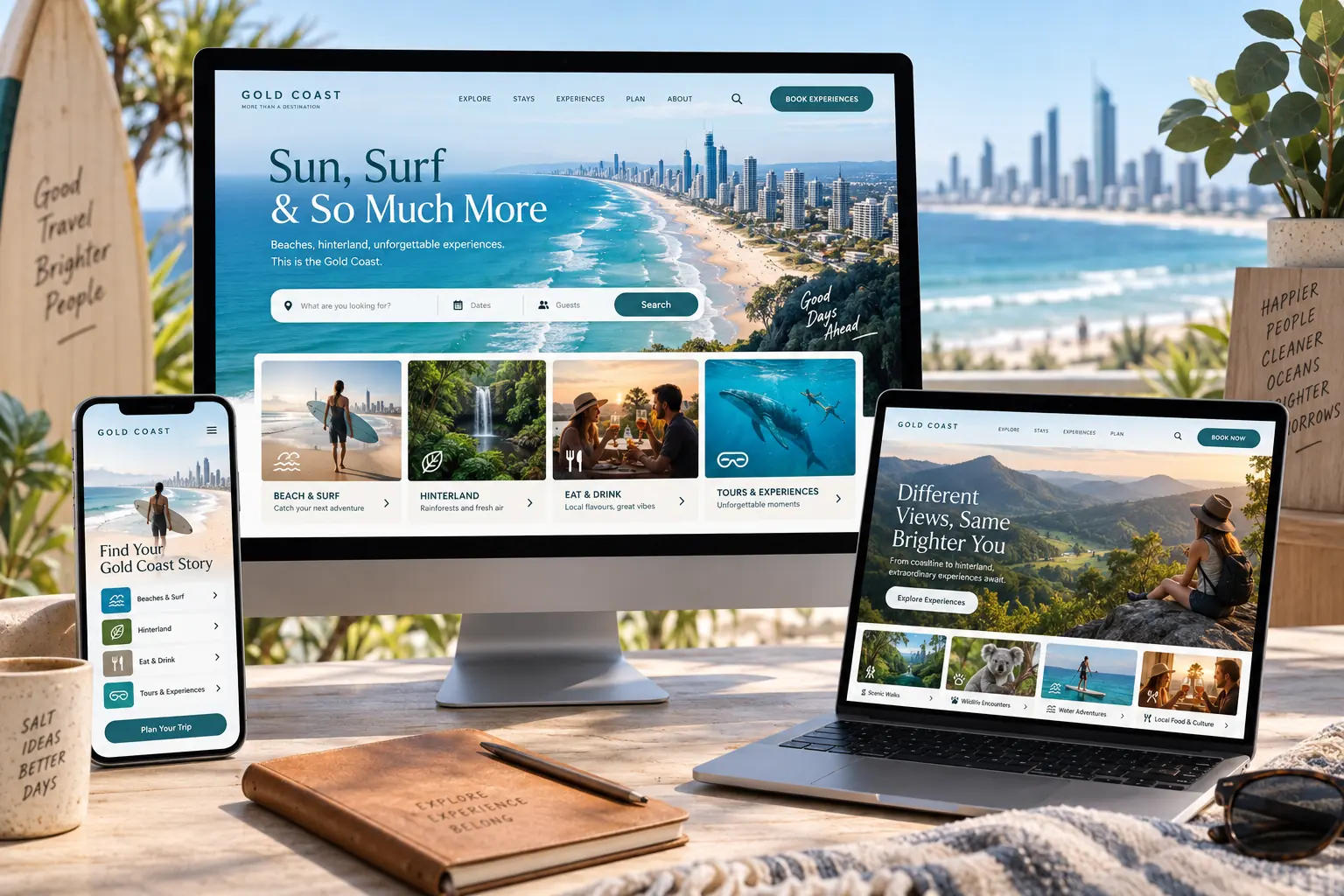 Concept responsive website mockups for a Gold Coast tourism and experiences brand
