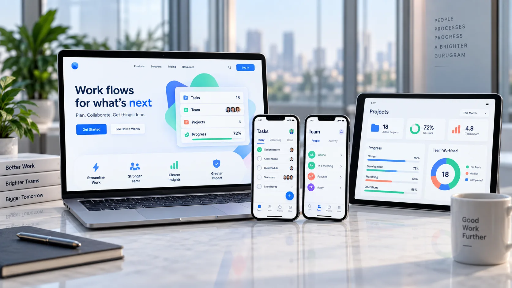 Sample Gurugram B2B software website, employee mobile app and operations dashboard concept