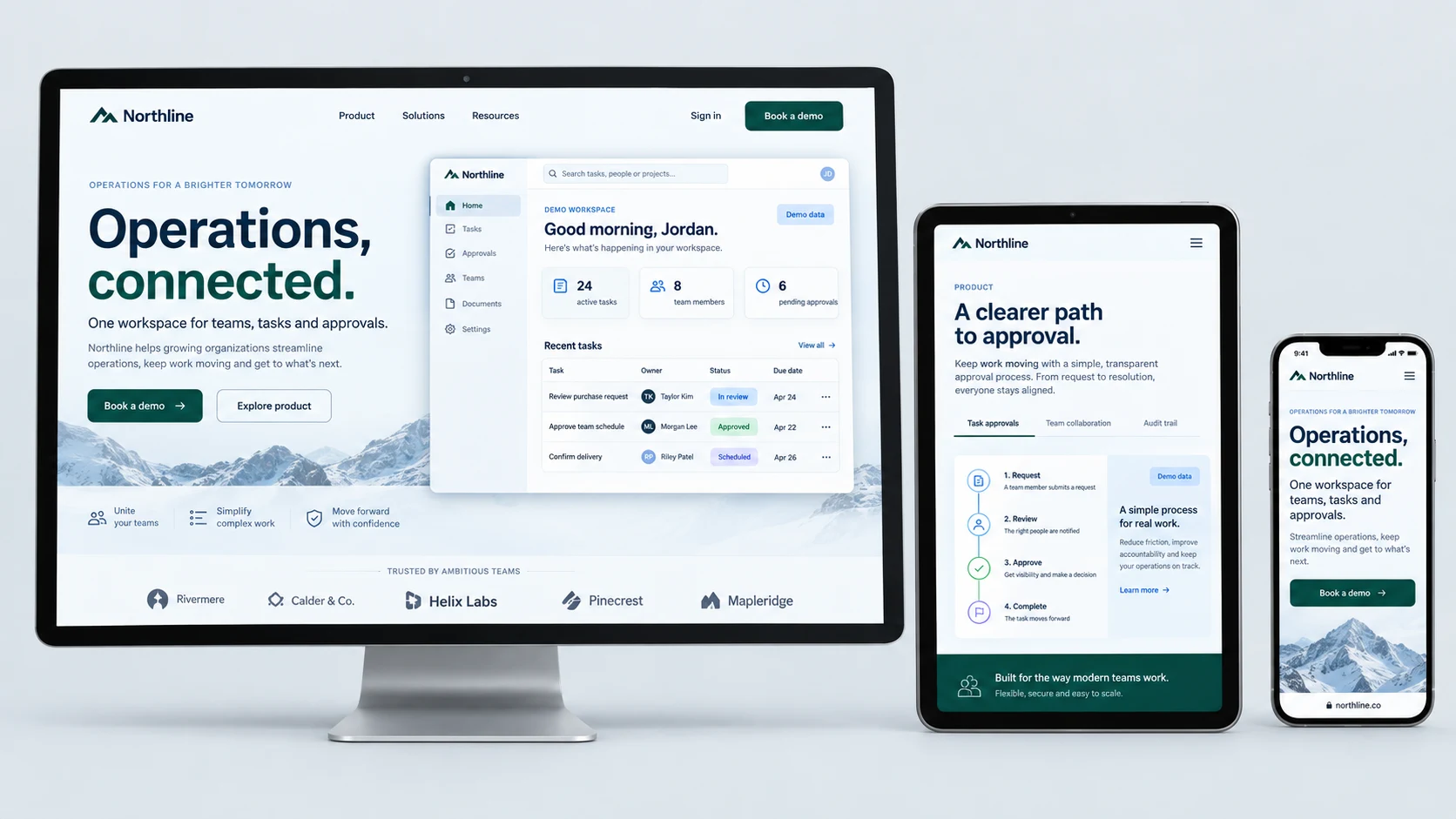 Northline fictional B2B operations website concept on desktop, tablet and mobile with labelled demo workflow data
