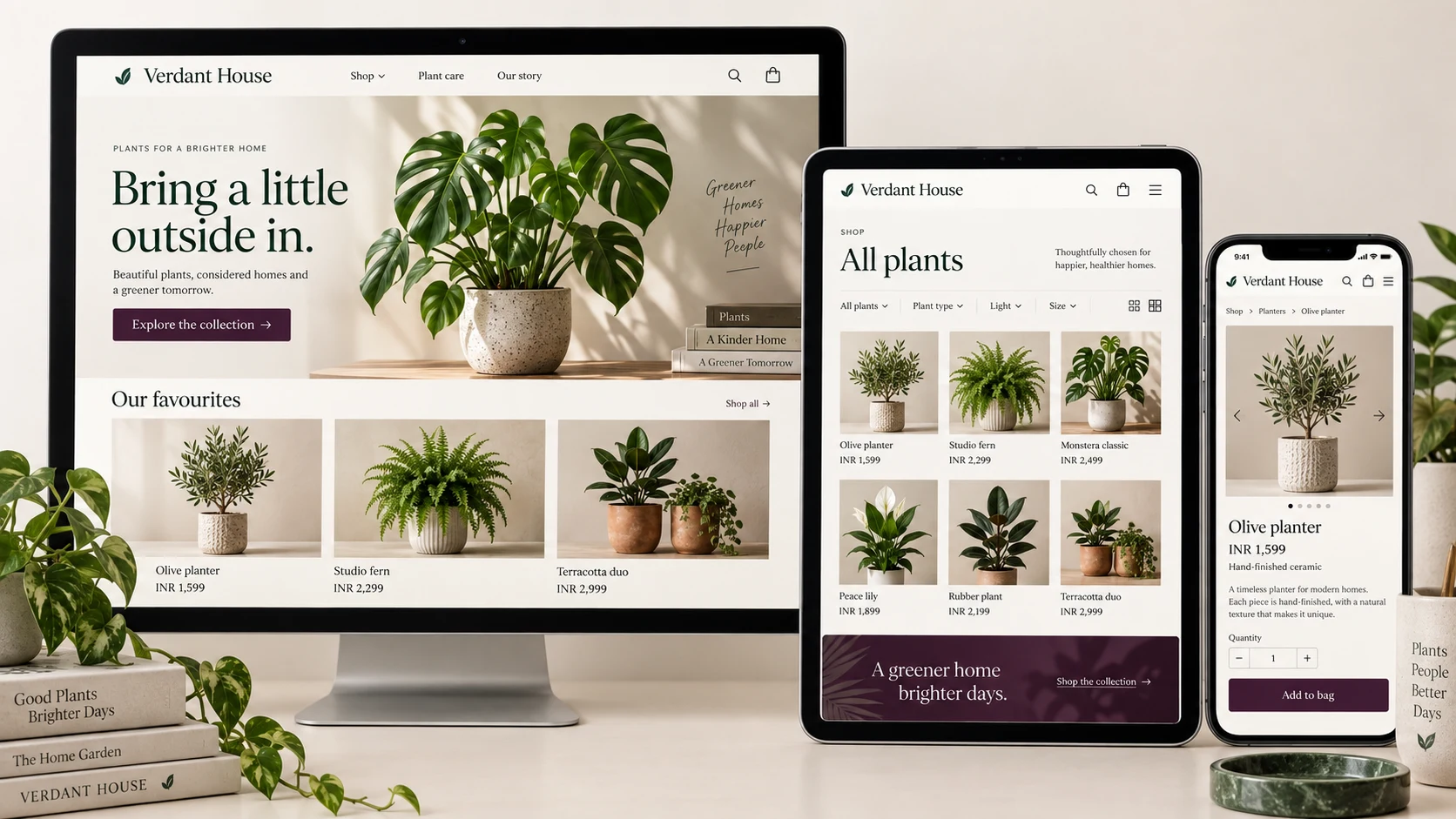 Verdant House fictional botanical ecommerce website design on desktop, tablet and mobile with product catalogue and shopping UI