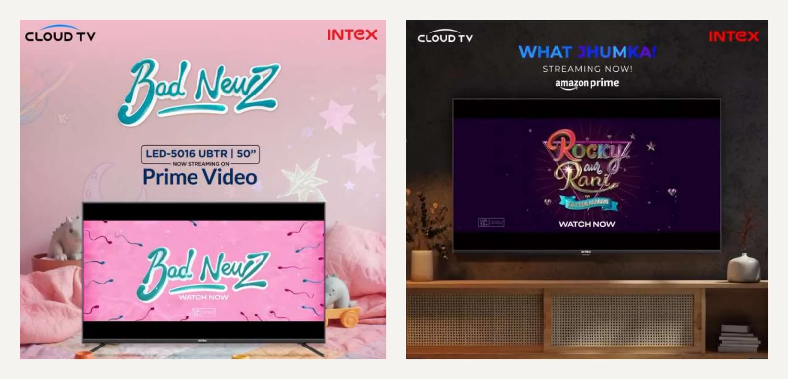Intex Cloud TV creatives for titles streaming on Amazon Prime Video, shown on the 50 inch LED-5016 UBTR television, made by DigiStreet Media