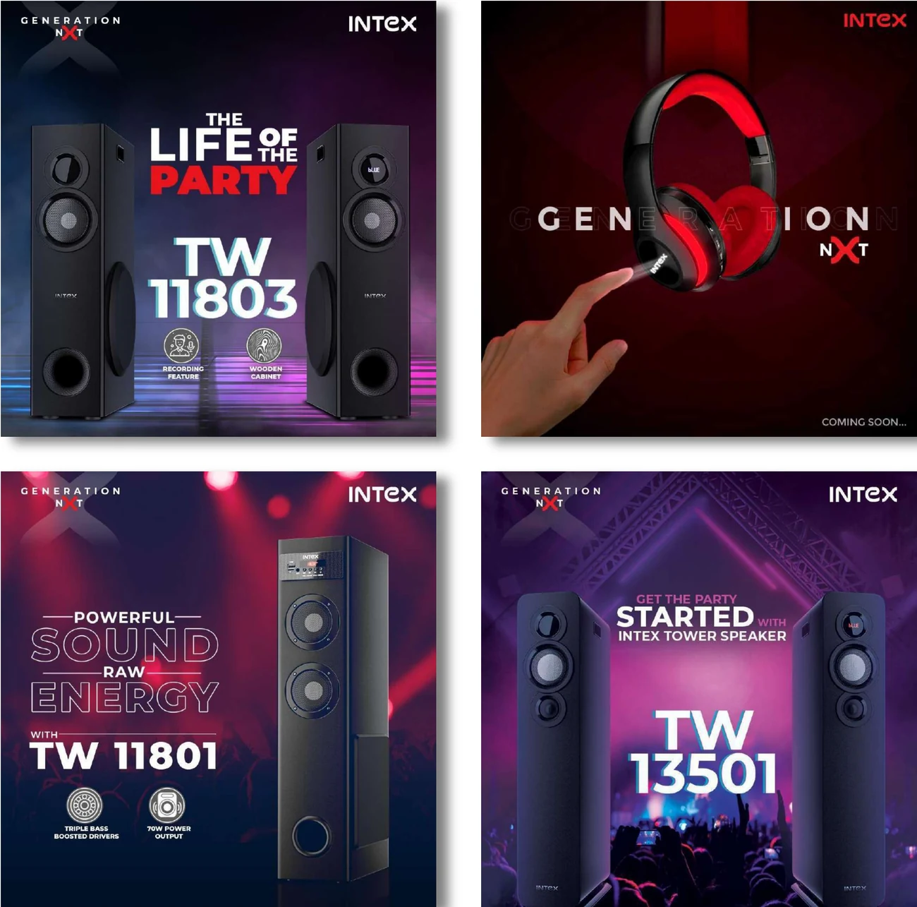 Intex Generation Next social media creatives for the TW 11803 and TW 13501 tower speakers and a headphone launch teaser, made by DigiStreet Media
