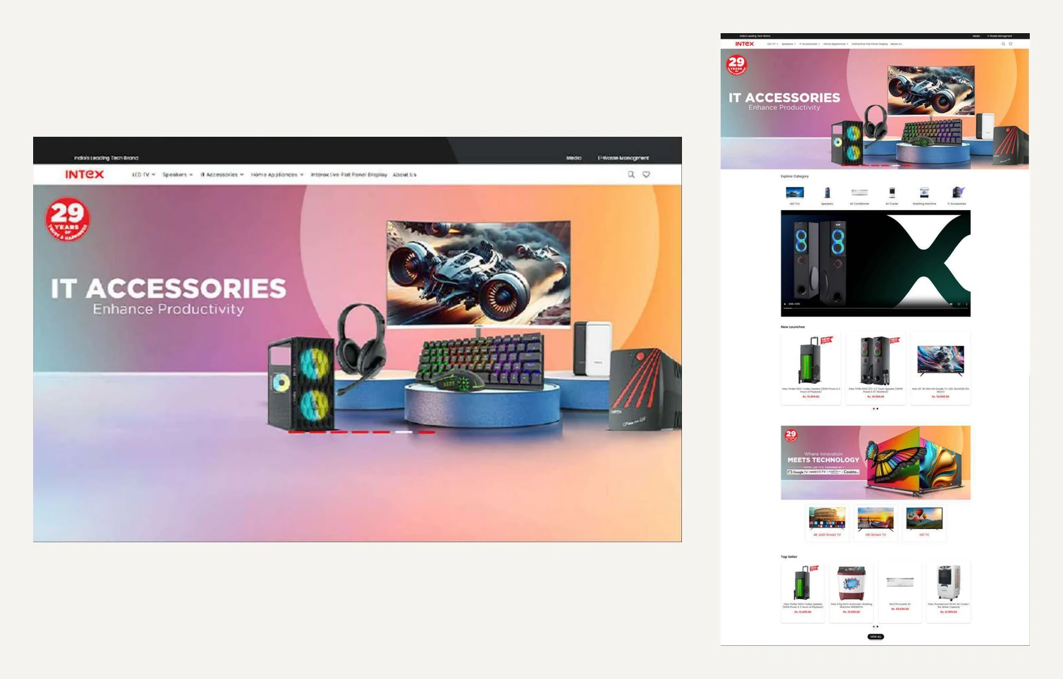 Intex website homepage designed by DigiStreet Media showing IT accessories, new launches, top sellers and marketplace partners