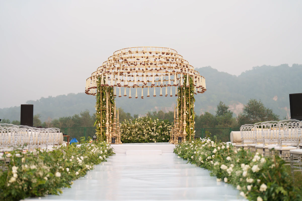 Outdoor destination wedding mandap set-up, the kind of venue that sees seasonal demand spikes in Jaipur