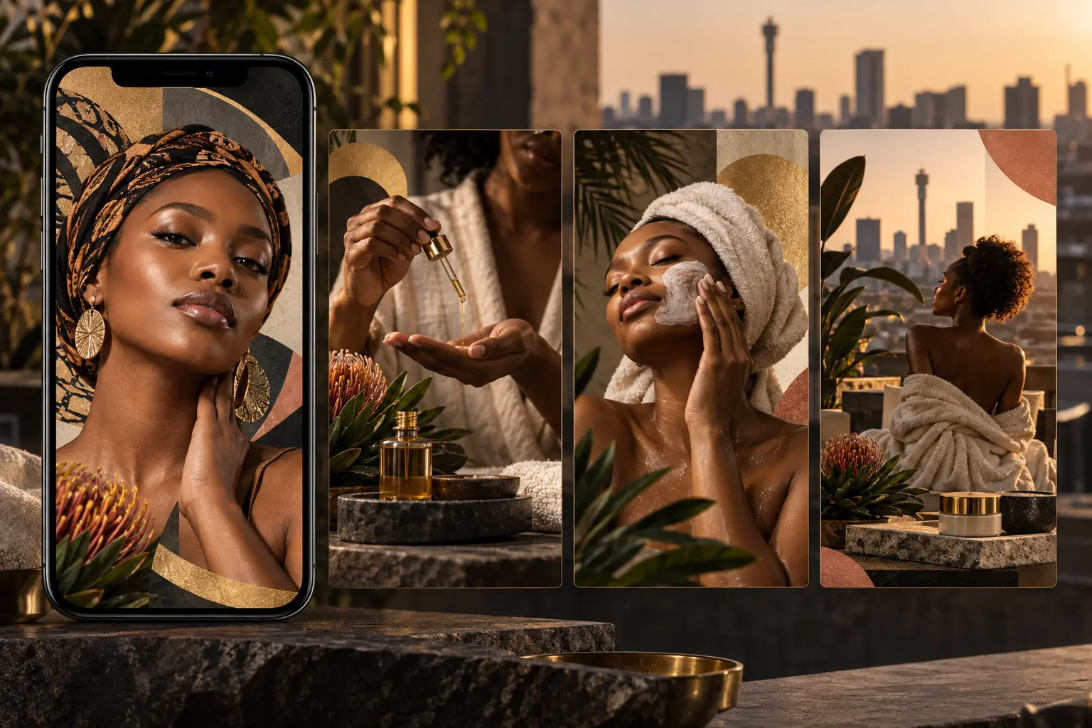 Concept social media campaign mockups for a Johannesburg beauty and wellness brand