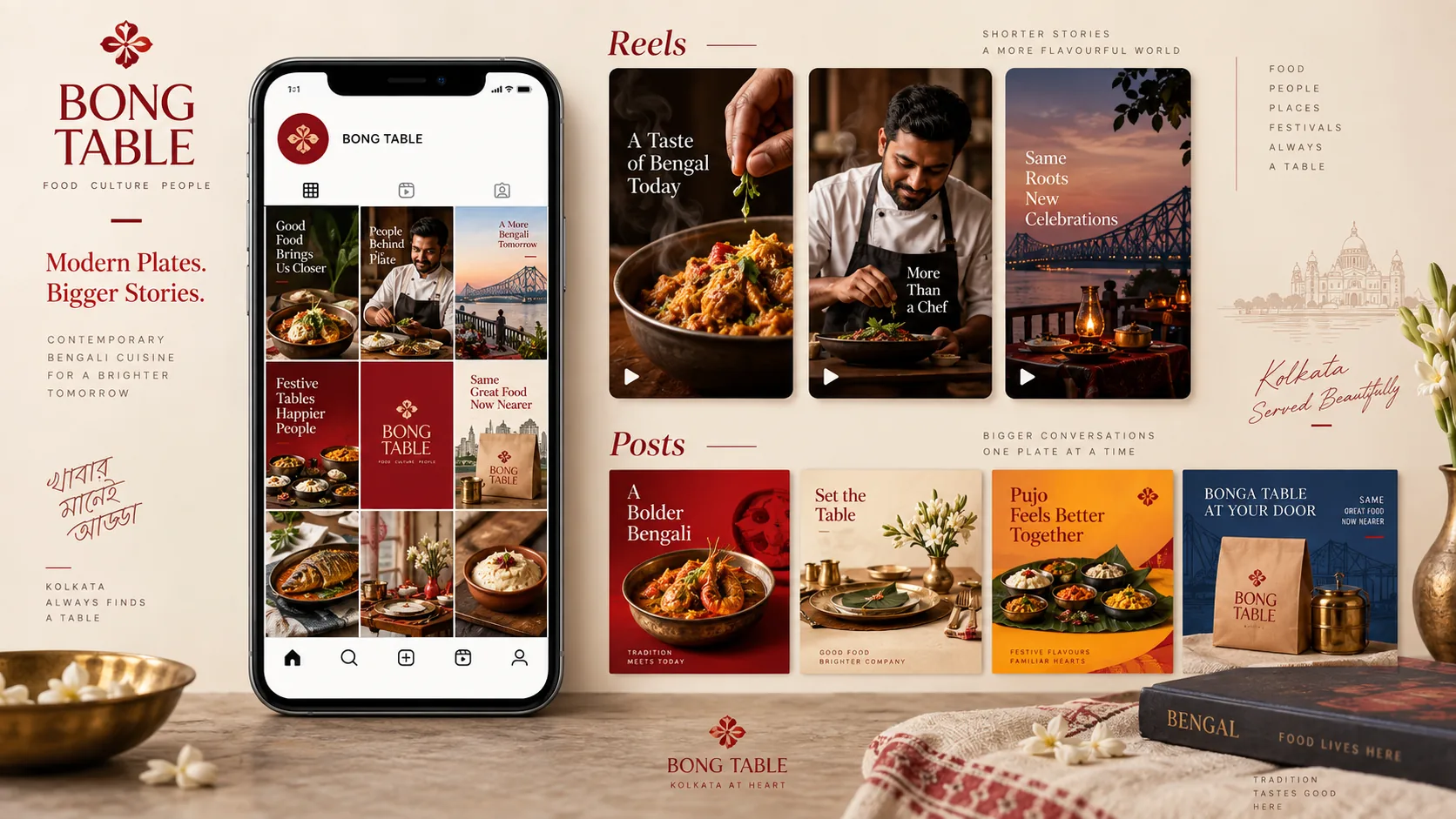 Original Kolkata food social media campaign concept with feed posts and reel covers