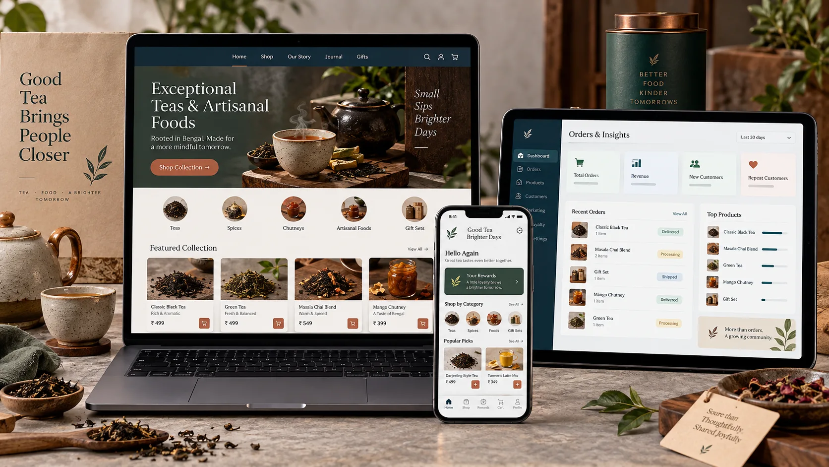 Illustrative Kolkata tea ecommerce website, loyalty app and operations dashboard concept
