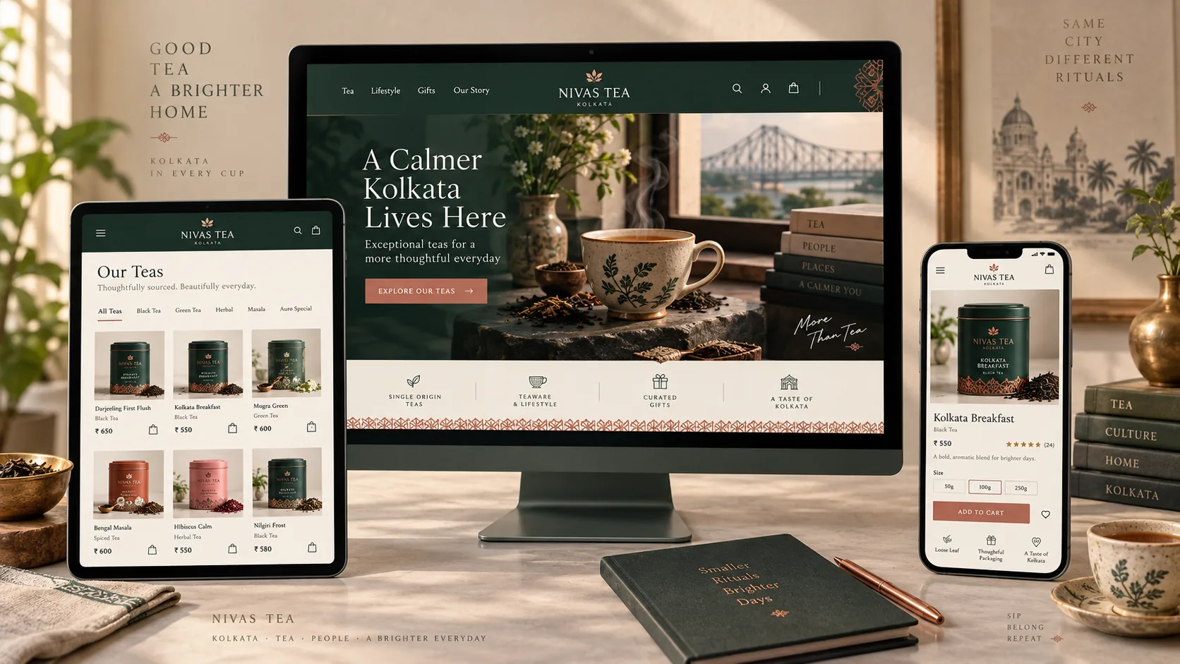 Original responsive Kolkata tea ecommerce website design concept shown on desktop, tablet and mobile