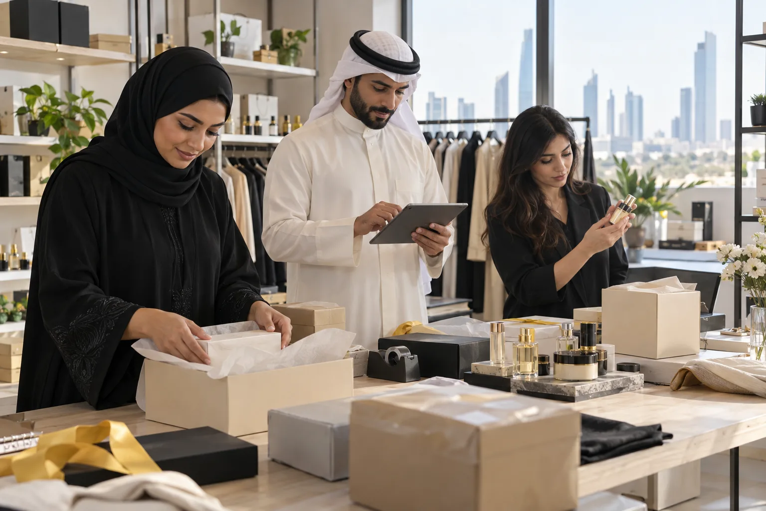 Kuwait ecommerce team preparing premium retail orders and reviewing inventory