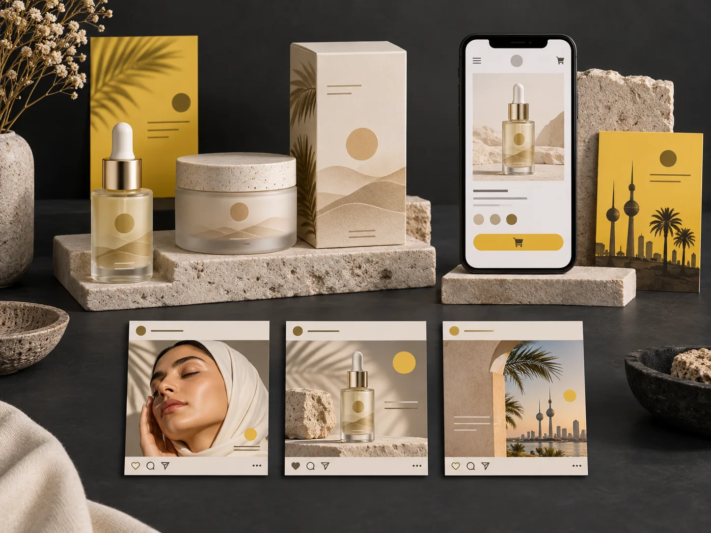 Sample Kuwait skincare branding, packaging, ecommerce and social media concept