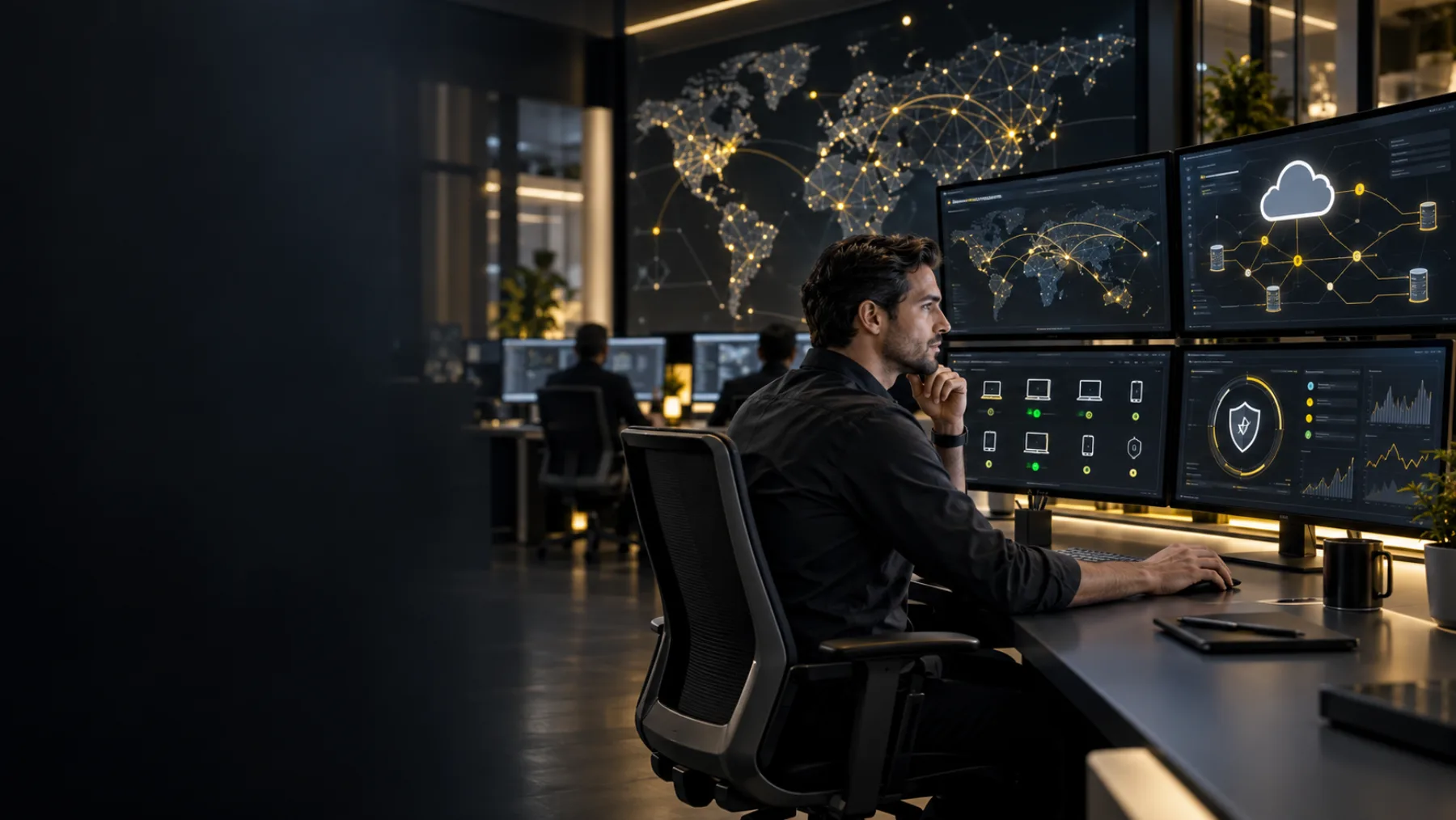 Managed IT services team monitoring cloud, cybersecurity and endpoint systems for global businesses