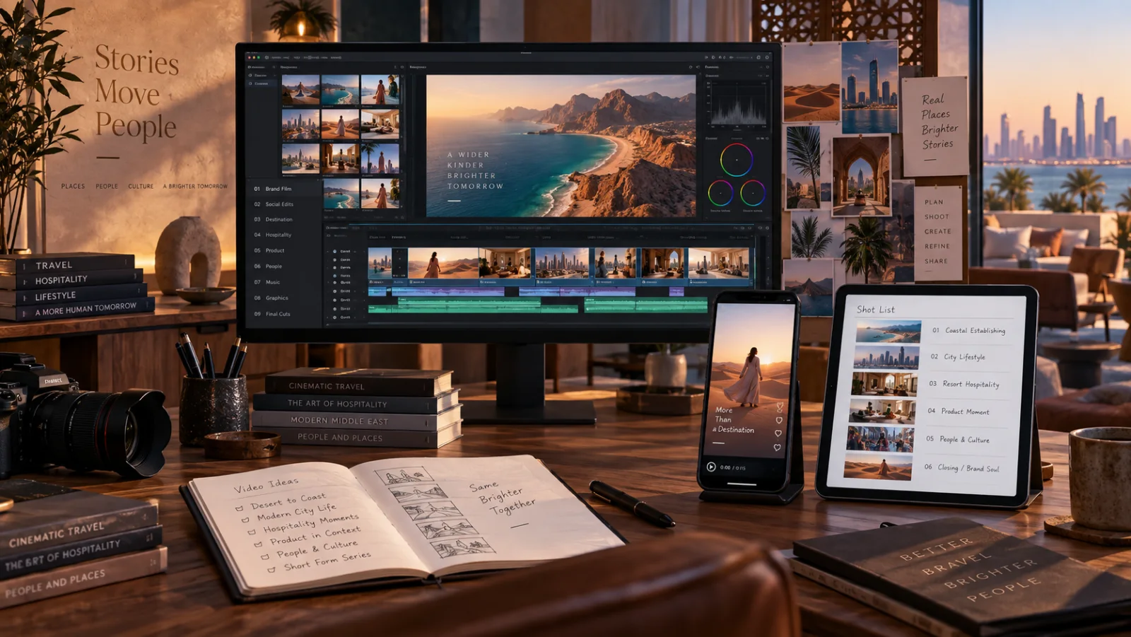 AI assisted video production workflow with storyboard, edit timeline and social cutdowns