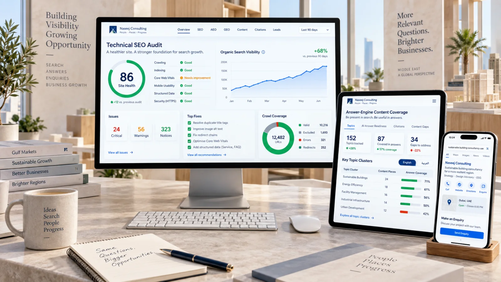 Illustrative SEO AEO and GEO reporting workspace for Arabic and English search