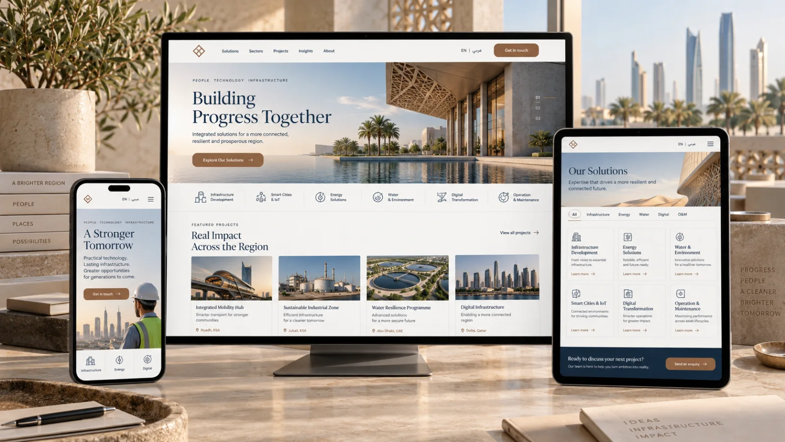 Responsive website design concept across desktop, tablet and mobile for a Gulf business