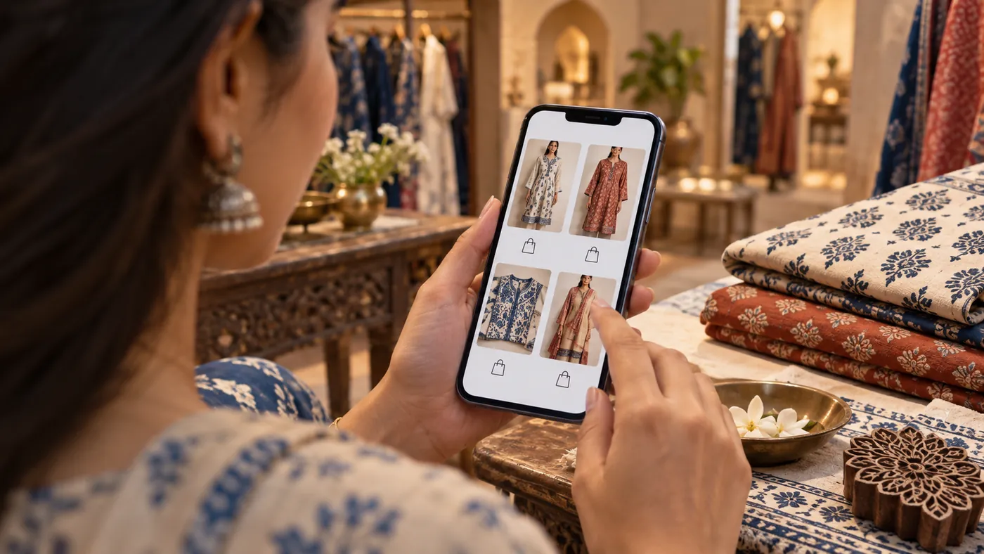 Customer browsing Jaipur block-print fashion on a mobile ecommerce store