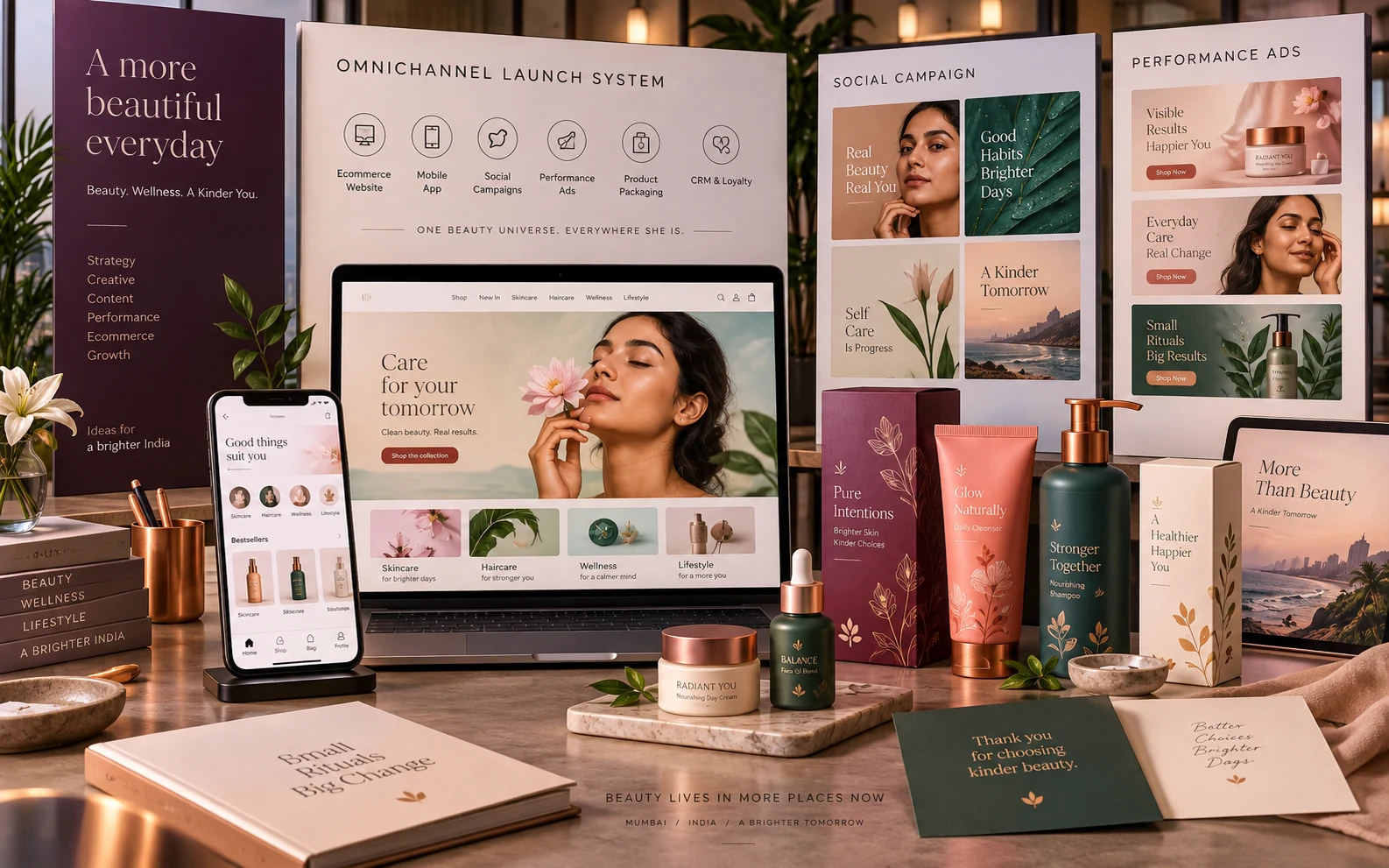 Sample Mumbai beauty ecommerce website, mobile app, packaging and social campaign concept
