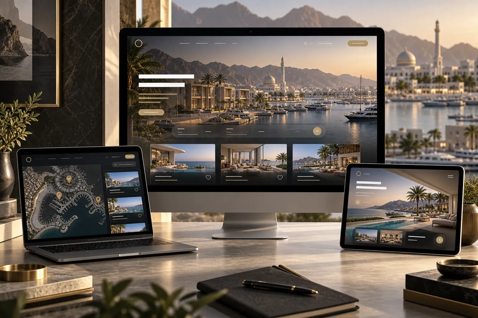 Concept responsive website mockups for a premium Muscat waterfront real estate development