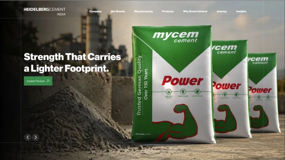 Mycem Power cement product discovery screen in the Heidelberg Materials India website redesign