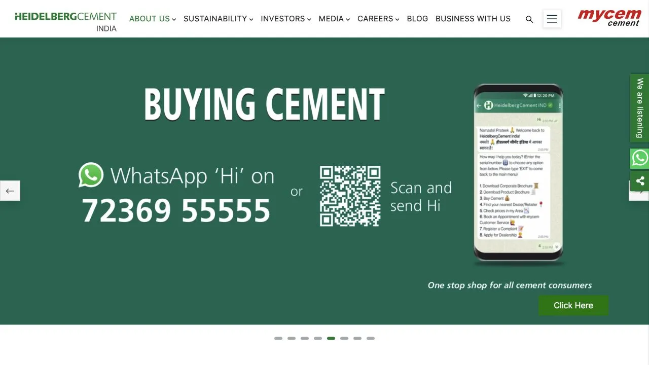 Existing Mycem cement website homepage before the proposed redesign