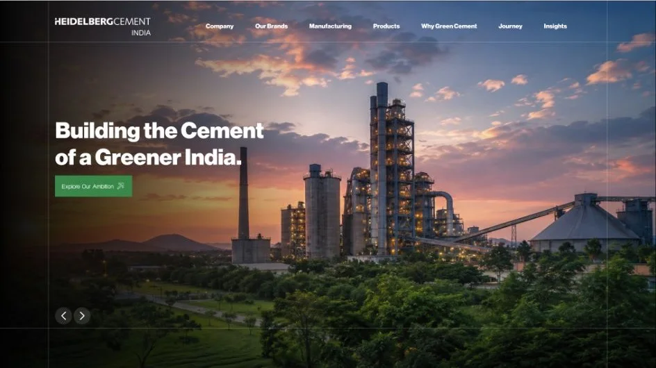 Proposed Mycem corporate website hero design for Heidelberg Materials India featuring a cement plant and greener construction message