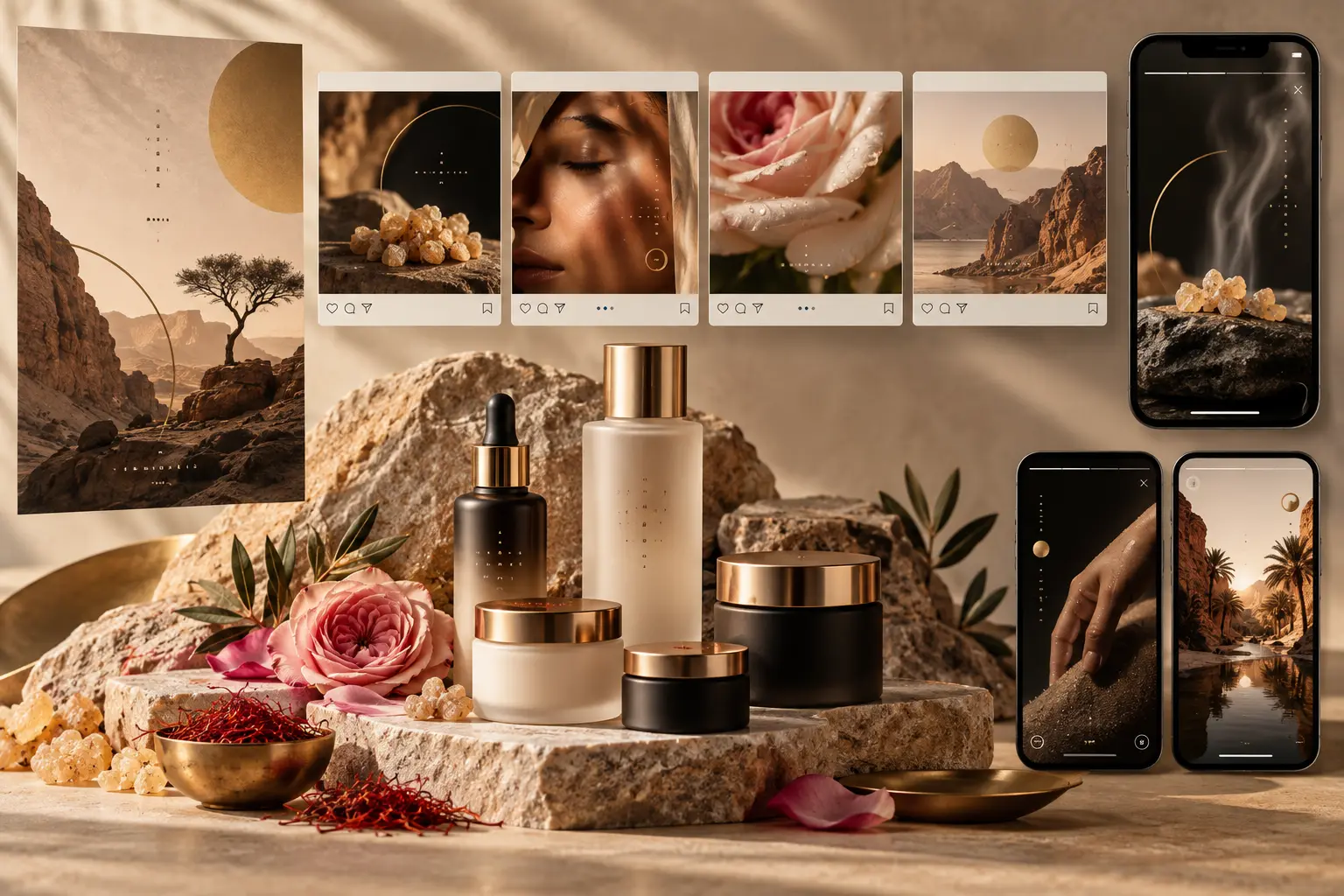 Concept social media campaign mockups for an Oman beauty and wellness brand inspired by frankincense and desert botanicals