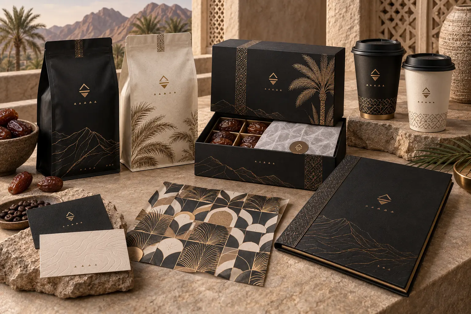 Concept branding and packaging system for an Omani coffee and dates brand with black, sand and gold collateral