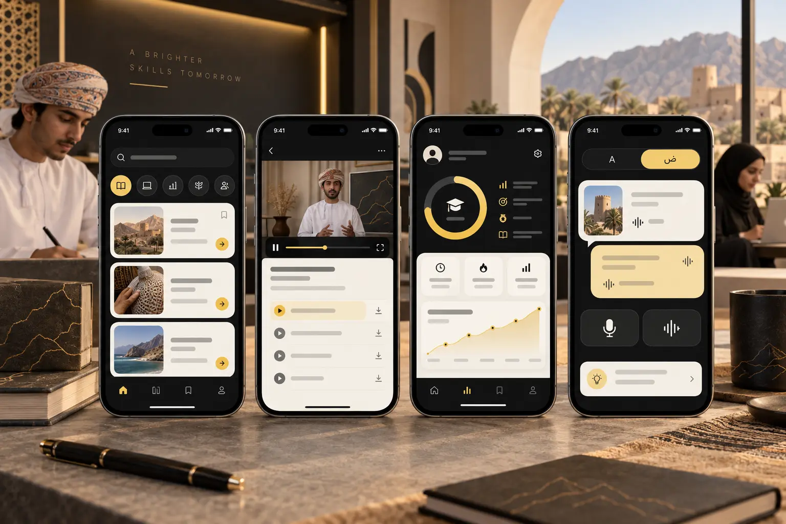 Concept mobile app screens for an Oman education, skills and bilingual learning platform