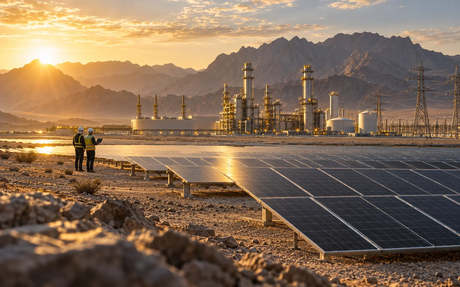 Solar and industrial infrastructure representing energy and manufacturing marketing in Oman