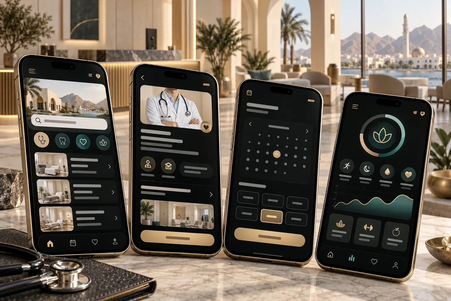 Concept mobile app screens for an Oman healthcare booking and wellness platform