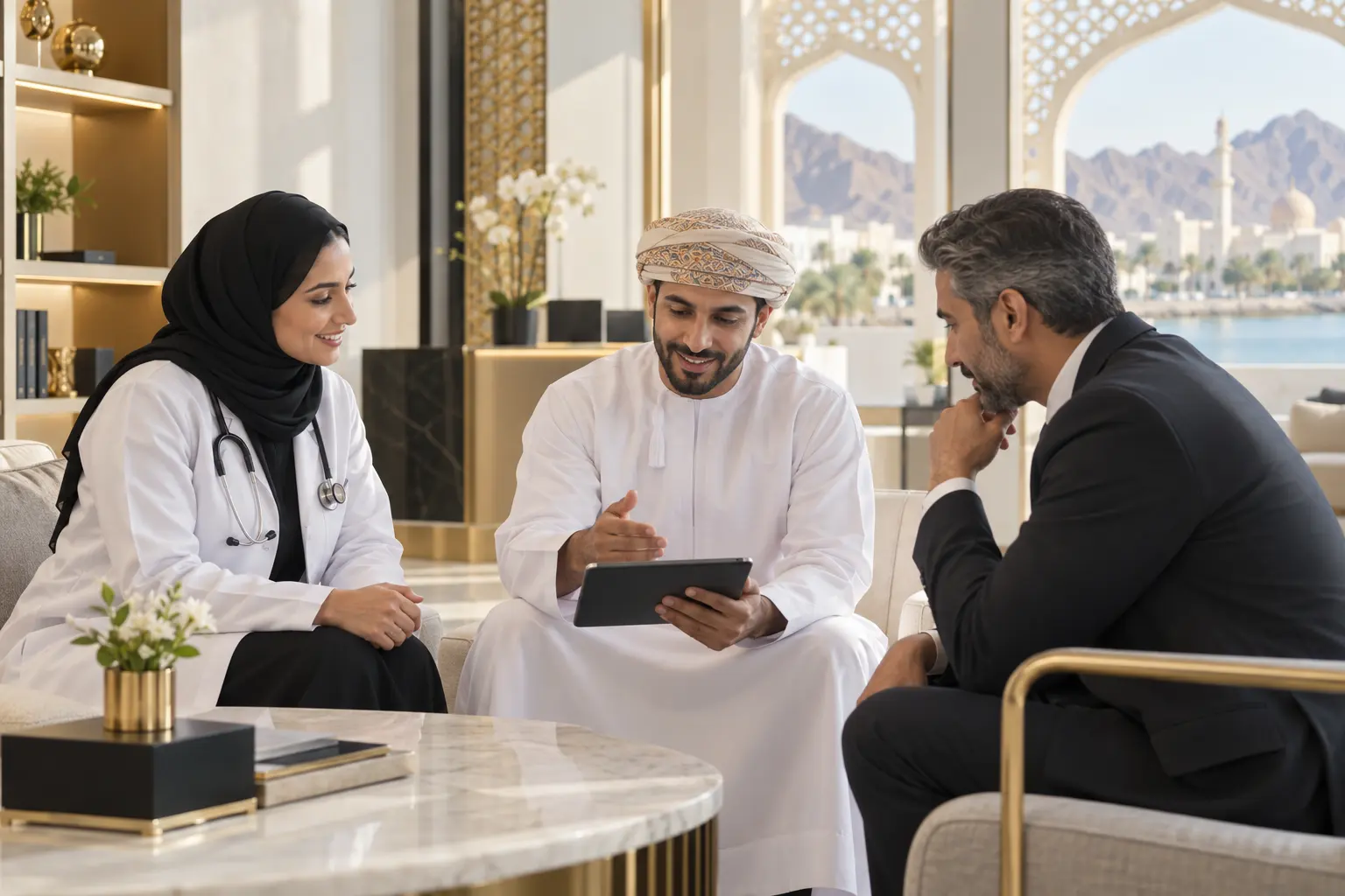 Professionals in Muscat representing healthcare and business services marketing in Oman