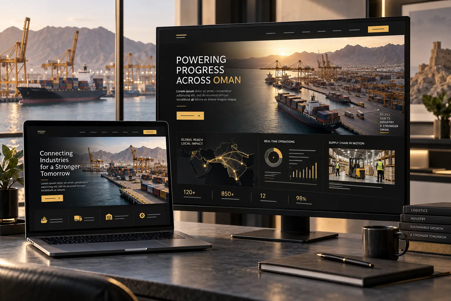 Concept responsive website mockups for an Oman logistics and industrial company