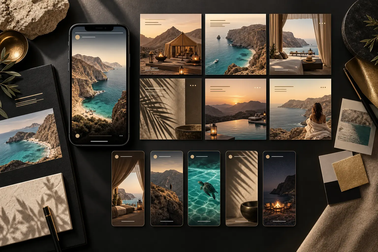 Concept social media campaign mockups for an Oman luxury resort and coastal hospitality brand