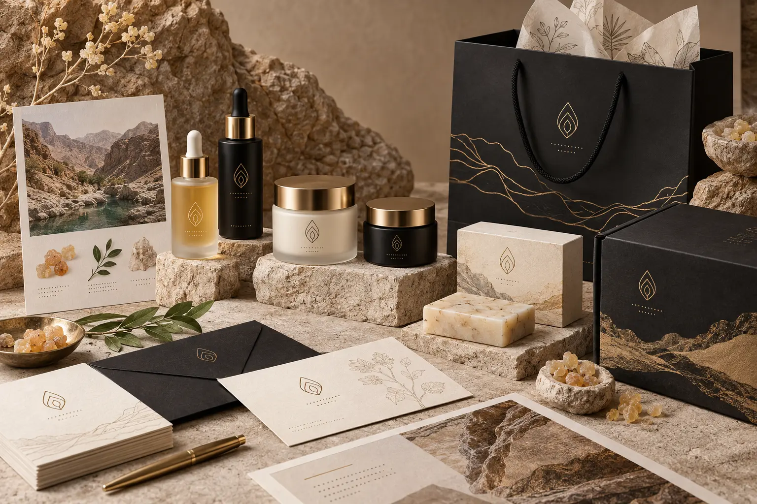 Concept branding, packaging and collateral for an Oman natural skincare range inspired by frankincense and wadis