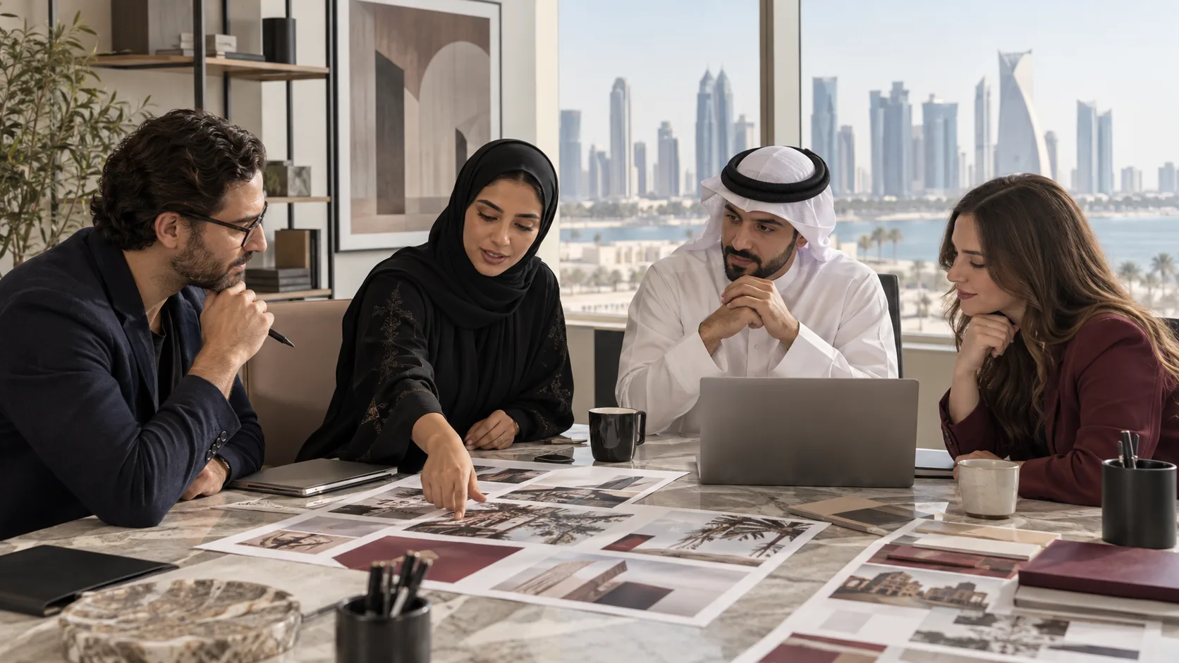 Qatar digital marketing team planning a growth campaign in a modern Doha office