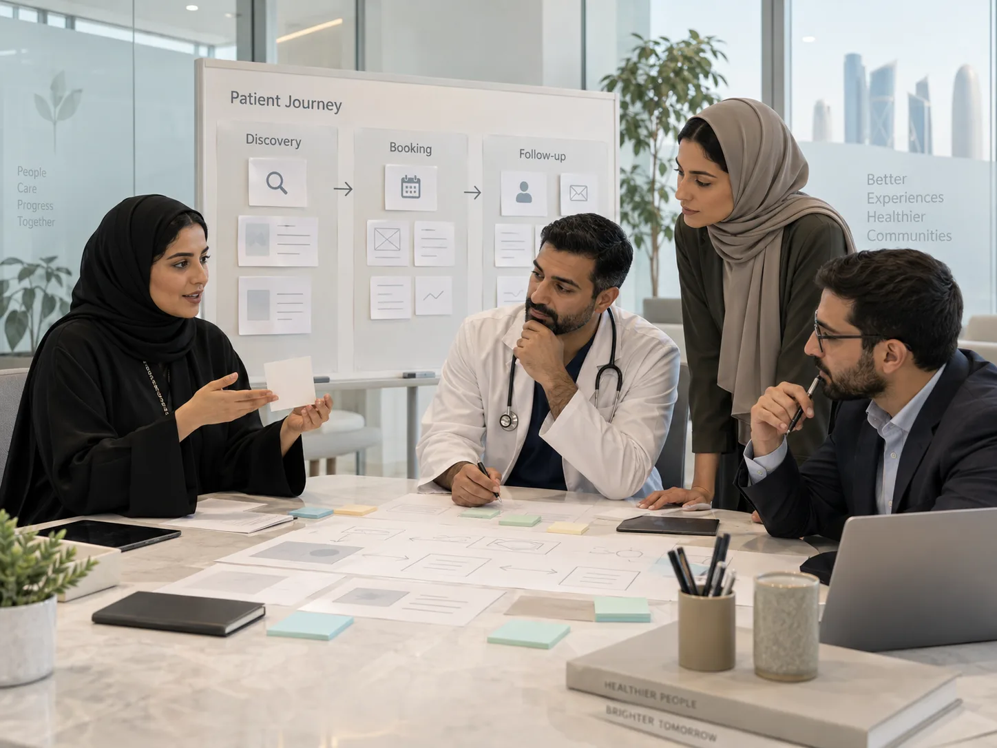 Healthcare and UX specialists mapping a digital patient journey in Qatar