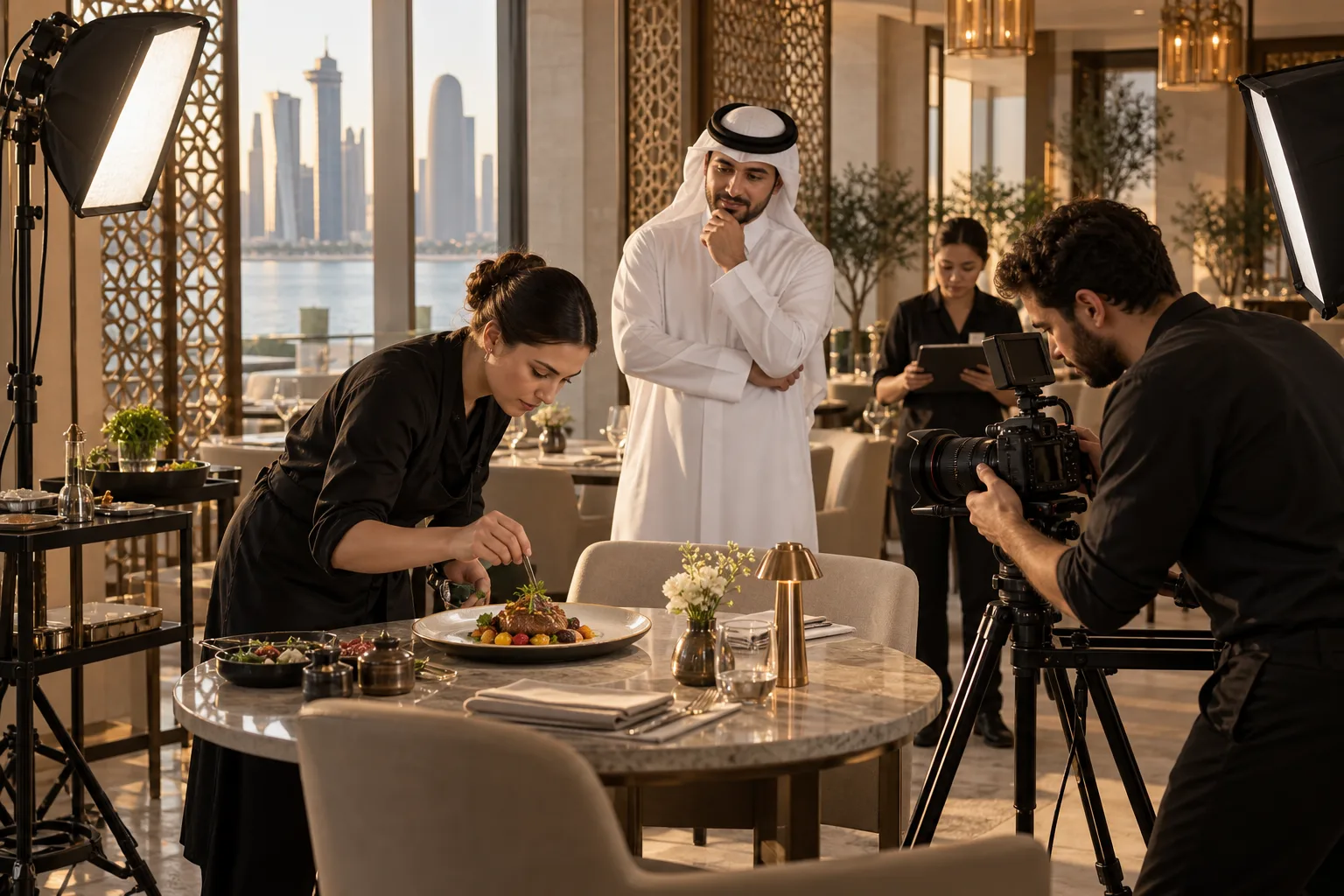 Luxury hospitality content production team photographing a dining experience in Doha