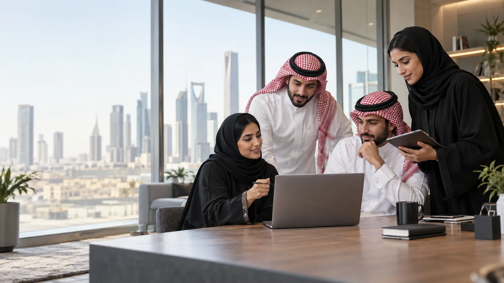 Saudi marketing team reviewing a digital campaign in a contemporary Riyadh office