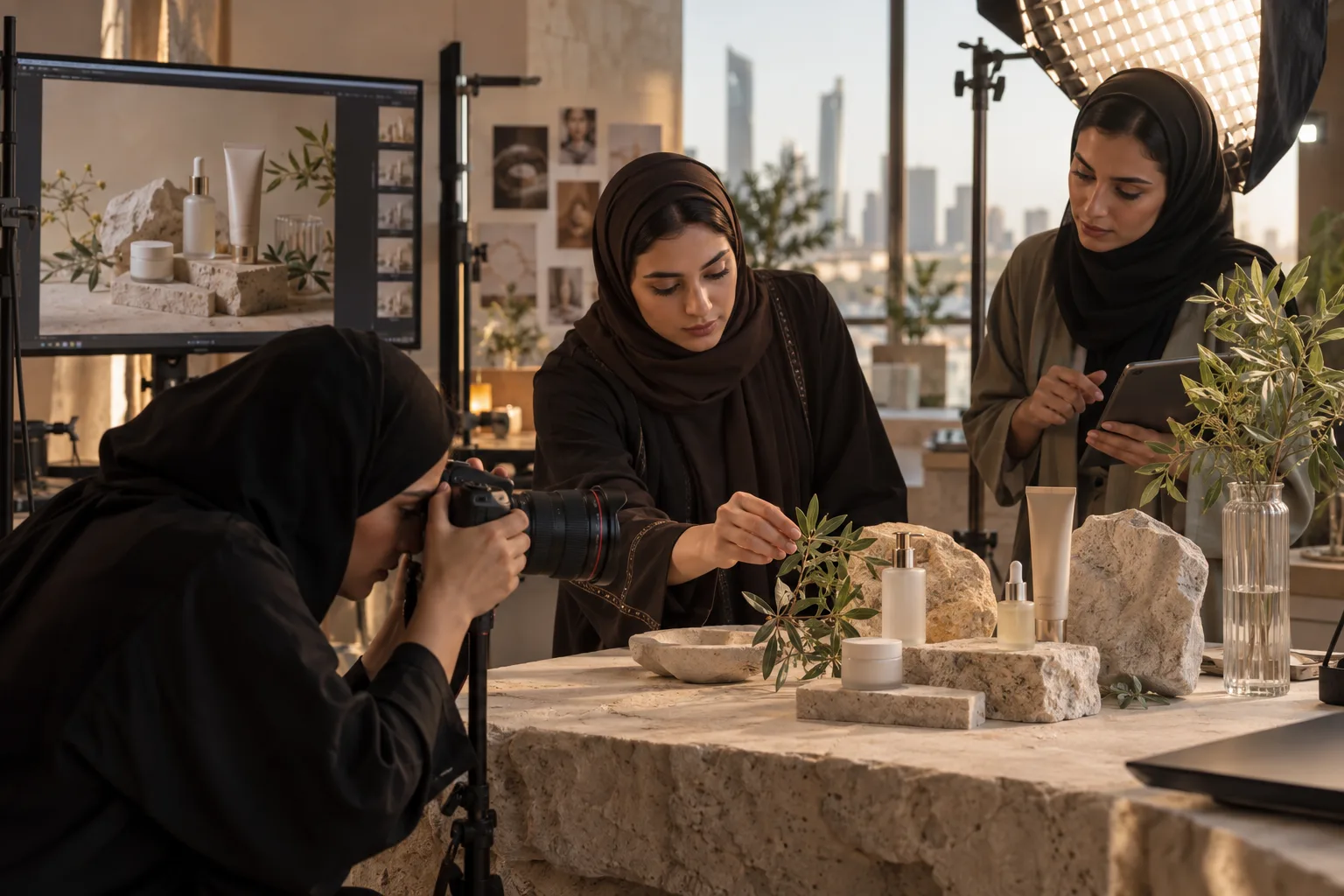 Saudi beauty brand team directing a skincare product photography shoot