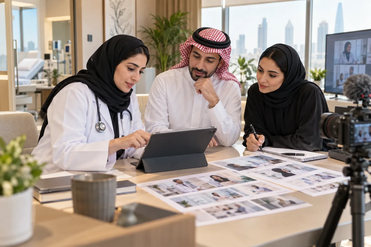 Saudi doctor and healthcare communications team planning a digital patient journey