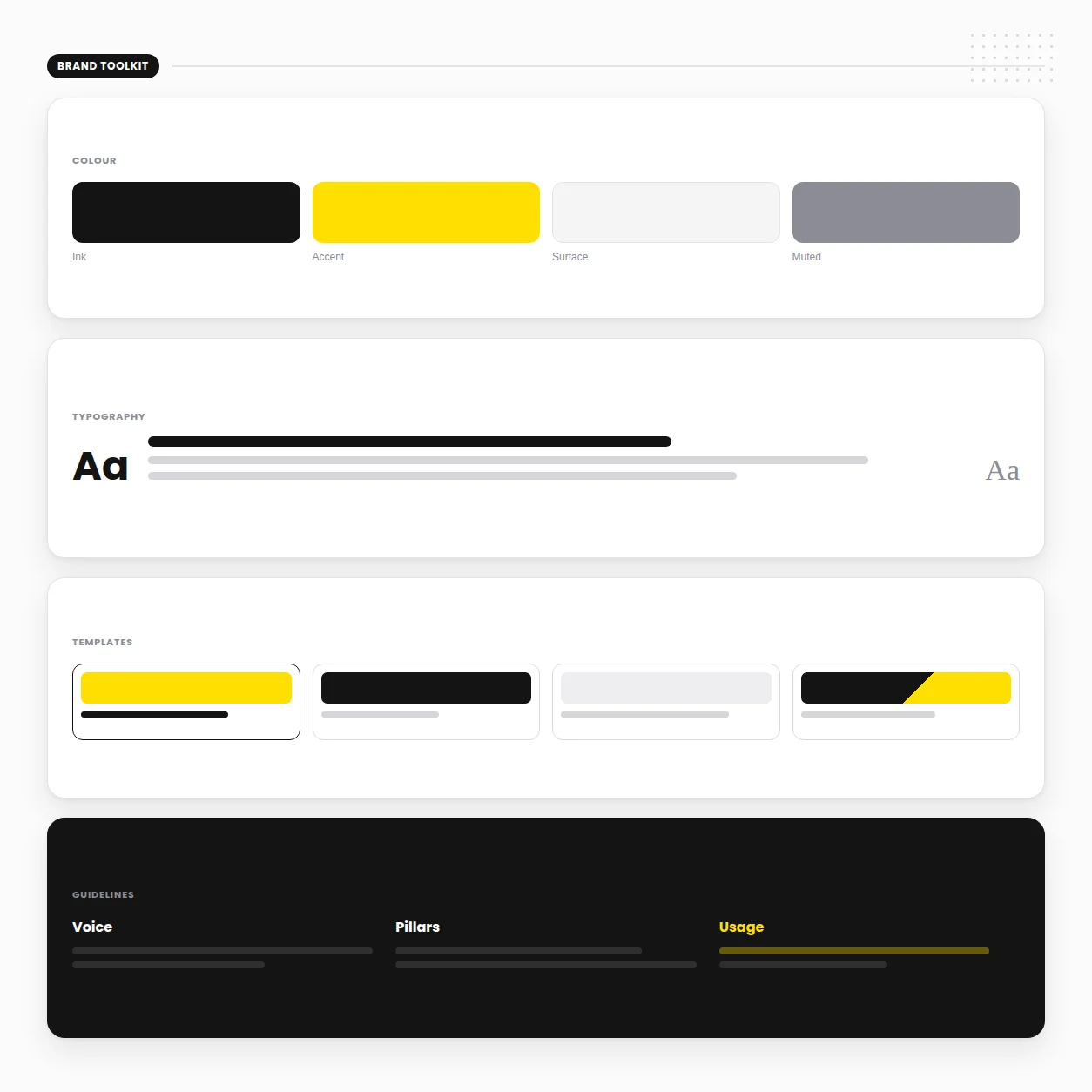 Social media brand toolkit showing colour palette, typography, post templates and brand guidelines in one system