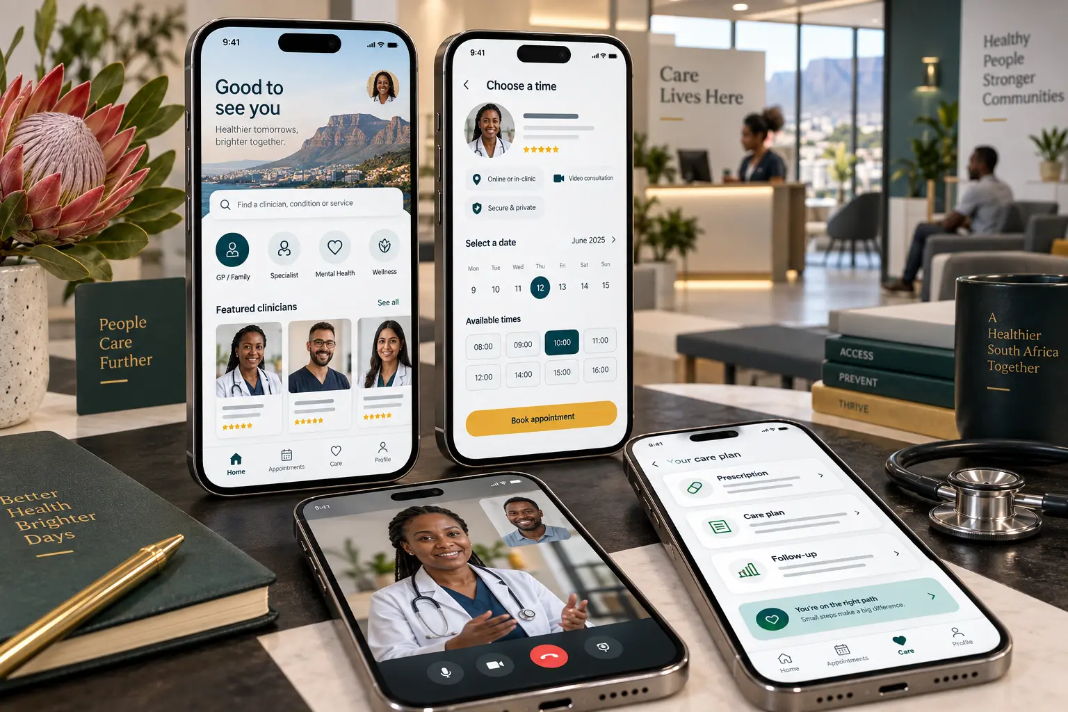 Concept mobile app screens for a South African healthcare booking platform