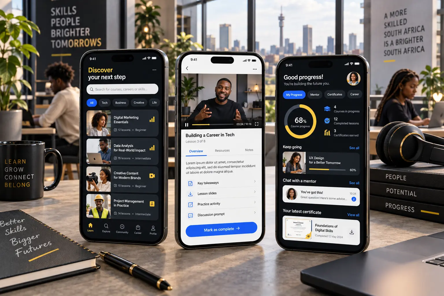 Concept mobile app screens for a South African skills development and training platform