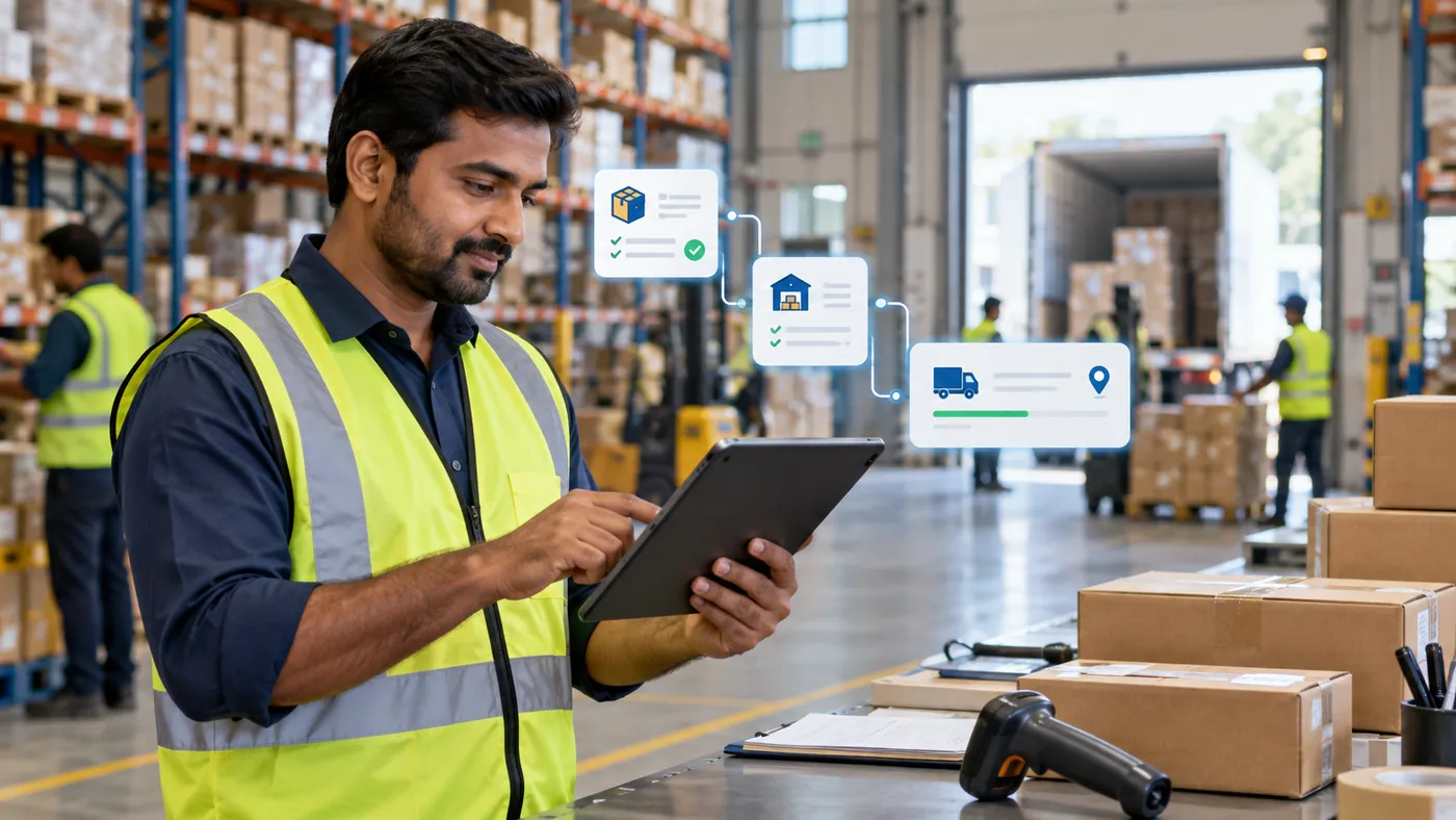 Warehouse supervisor using a tablet to coordinate inventory and shipment workflows