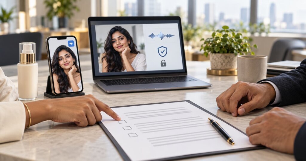 Two people review a consent agreement beside screens showing an AI creator, voice waveform and security icons, illustrating disclosure and likeness rights in AI advertising.