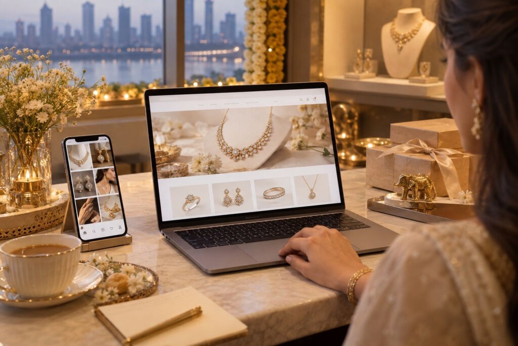 Customer browsing a luxury jewellery ecommerce website and social media collection online