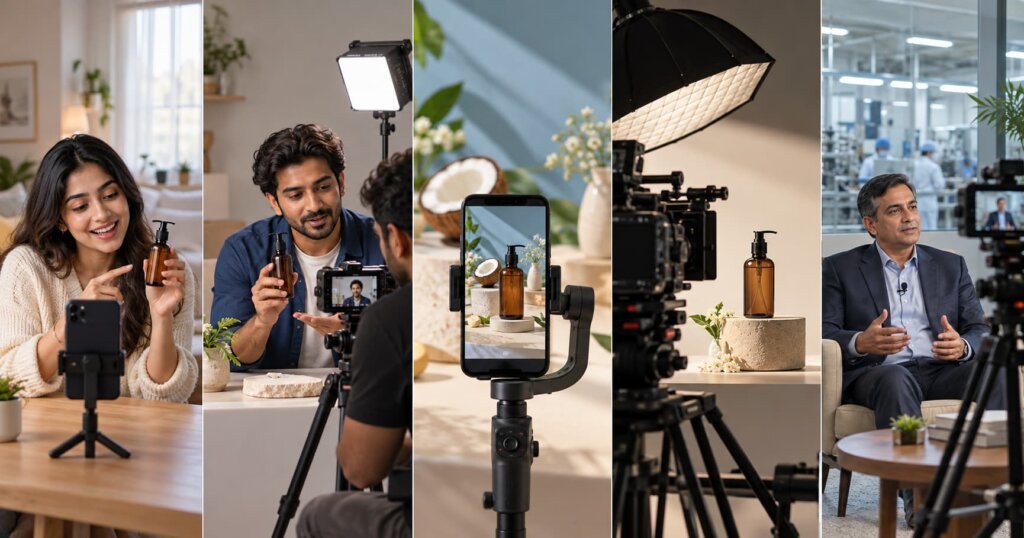 Five video production setups showing UGC, brand-generated content, social reels, studio product filming and a corporate interview.