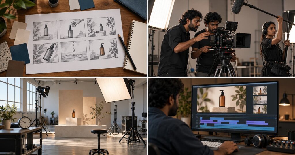 Four scenes showing storyboard planning, a filming crew, a studio setup and video editing—the main factors shaping video production budgets.