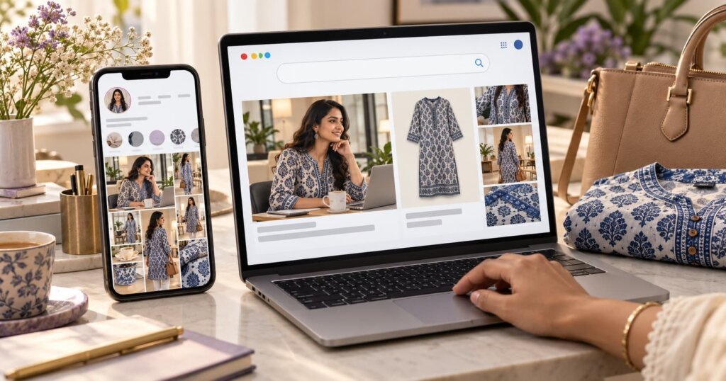 Matching kurta brand content appears in a smartphone’s social profile and a laptop’s web search results.